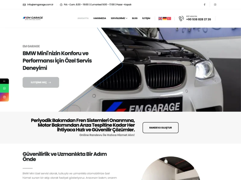 EM Garage web sitesinin ana sayfa ekran görüntüsü