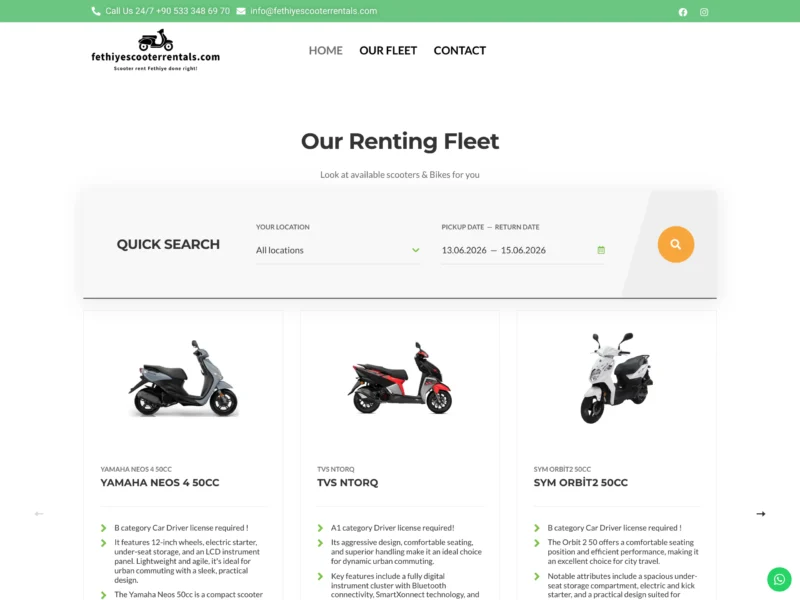 Fethiye Scooter Rentals web sitesinin ana sayfa ekran görüntüsü