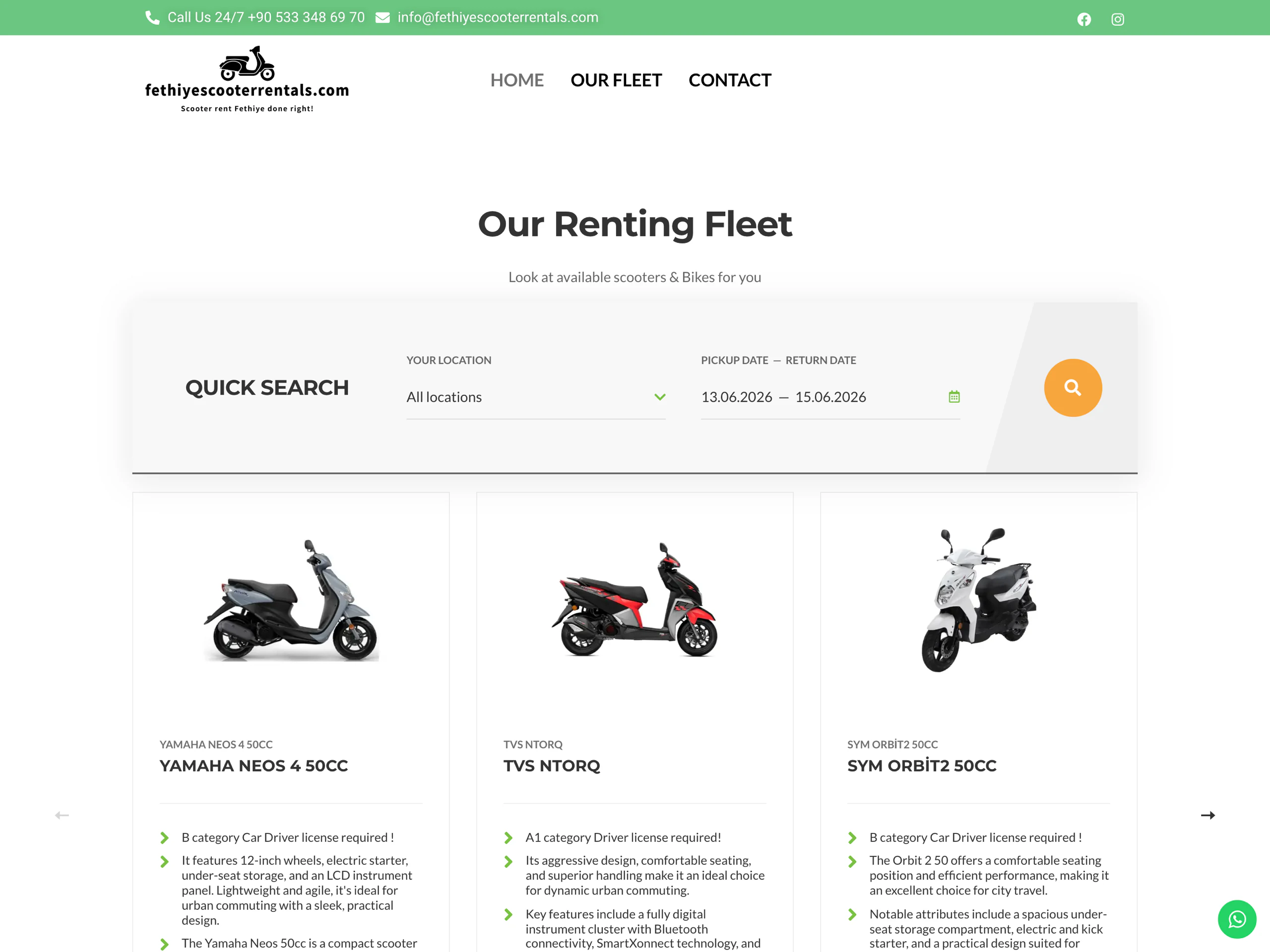 Fethiye Scooter Rentals web sitesinin ana sayfa ekran görüntüsü