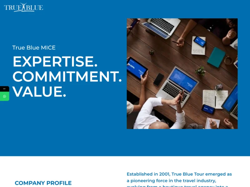 True Blue MICE web sitesinin ana sayfa ekran görüntüsü